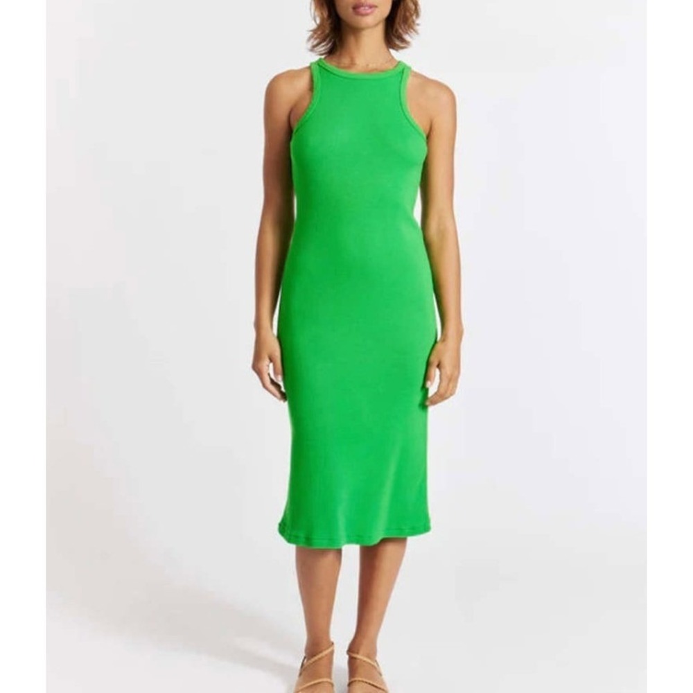 AMO Muscle Tank Dress Green S Ribbed Midi Racerback Cotton Bodycon